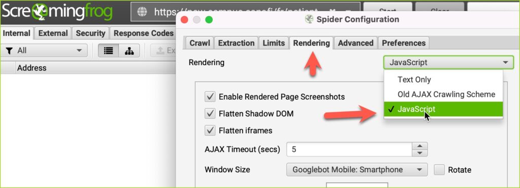 Spider - Configuration - Rendu - JavaScript configure Screaming Frog pour explorer votre site web avec un crawler d'agent utilisateur compatible JavaScript