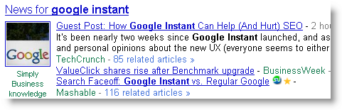 Google instant news in the Google UK serps