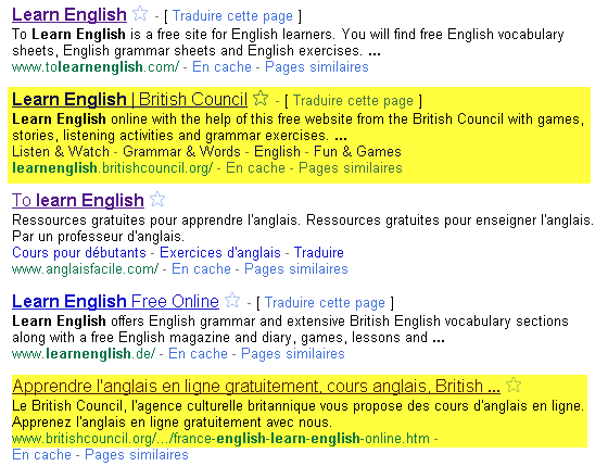 serps for learn english in google.fr