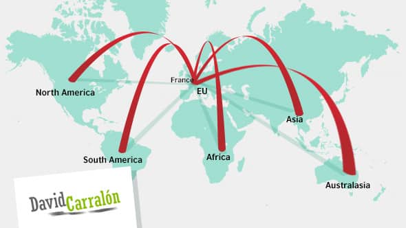 Mapamundi que muestra el centro de Europa enlazando con el resto del mundo: Norteamérica, Sudamérica, Asia, Australasia y África.