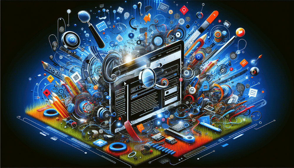 Illustration isométrique d'un ordinateur, entouré de divers éléments numériques tels que des outils de conception de sites web et des gadgets technologiques, symbolisant la fusion entre le développement web et la technologie.