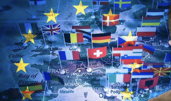 Europe map in the background, and european country flags.