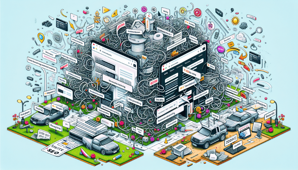 Illustration détaillée d'un thème isométrique de marketing et de publicité numériques, présentant divers éléments web tels que des boutons, des fenêtres, des graphiques, des icônes, des voitures et le mot « web » en caractères gras, le tout entrelacé pour former une composition à la fois chaotique et organisée.