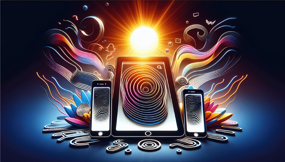 Illustration numérique de trois appareils, une tablette et deux téléphones, entourés de motifs tourbillonnants d'ondes lumineuses et sonores émanant de leurs écrans.