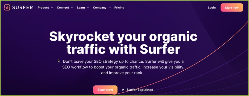 SurferSEO Homepage strapline: "Skyrocket your organic traffic with Surfer"