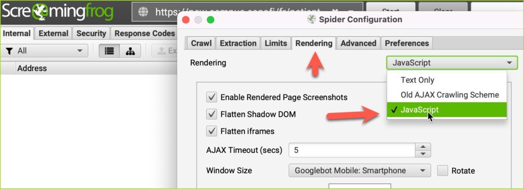 Spider - Configuration - Rendering - Javascript sets up Screamingfrog to crawl your website with a javascript-enabled user-agent crawler