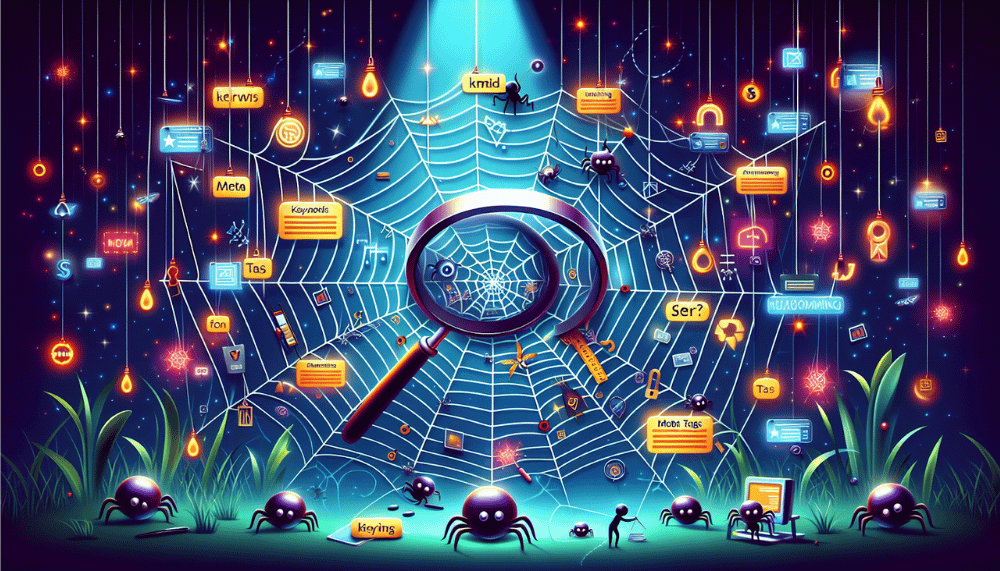 Une grande toile d'araignée avec de minuscules araignées de dessin animé, une loupe flottant au-dessus du centre de la toile et de nombreuses icônes de médias sociaux dispersées autour, dans un style d'art vectoriel avec des couleurs vives.