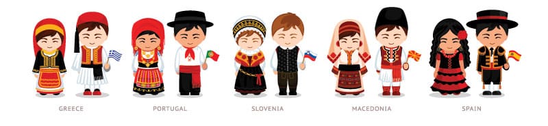 Carton images of people wearing Traditional folkloric costumes from different European countries: Spain, Greece, Portugal, Slovenia
