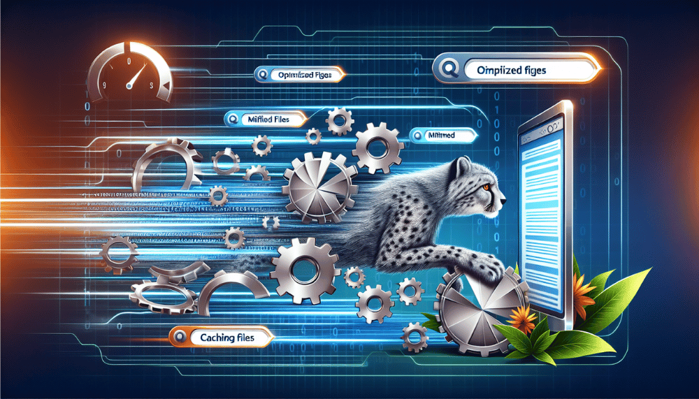 Créez une illustration dynamique et accrocheuse de « images optimisées, vitesse des pages » avec un design futuriste présentant des engrenages en mouvement sur le côté gauche. Devant, un ordinateur portable ouvert affiche des pages web avec des icônes représentant différents types ou tailles de fichiers bitcoin. Dans le coin supérieur droit, un guépard court autour de divers engins.